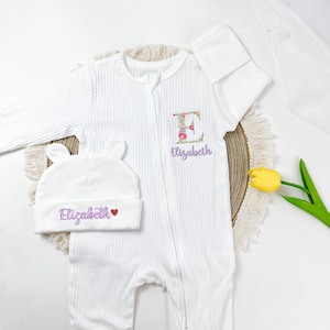 Custom Embroidered Baby Zip Romper, Personalized Baby Clothes, Baby Shower Gift, Organic Cotton Sleepsuit and Hat for baby 0-6 Months
