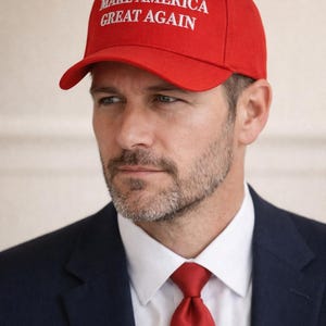 May include: Red baseball cap with the text "MAKE AMERICA GREAT AGAIN" in white. The cap is worn with a navy blue suit, a white collared shirt, and a red tie. The image is a close-up of the person wearing the cap.