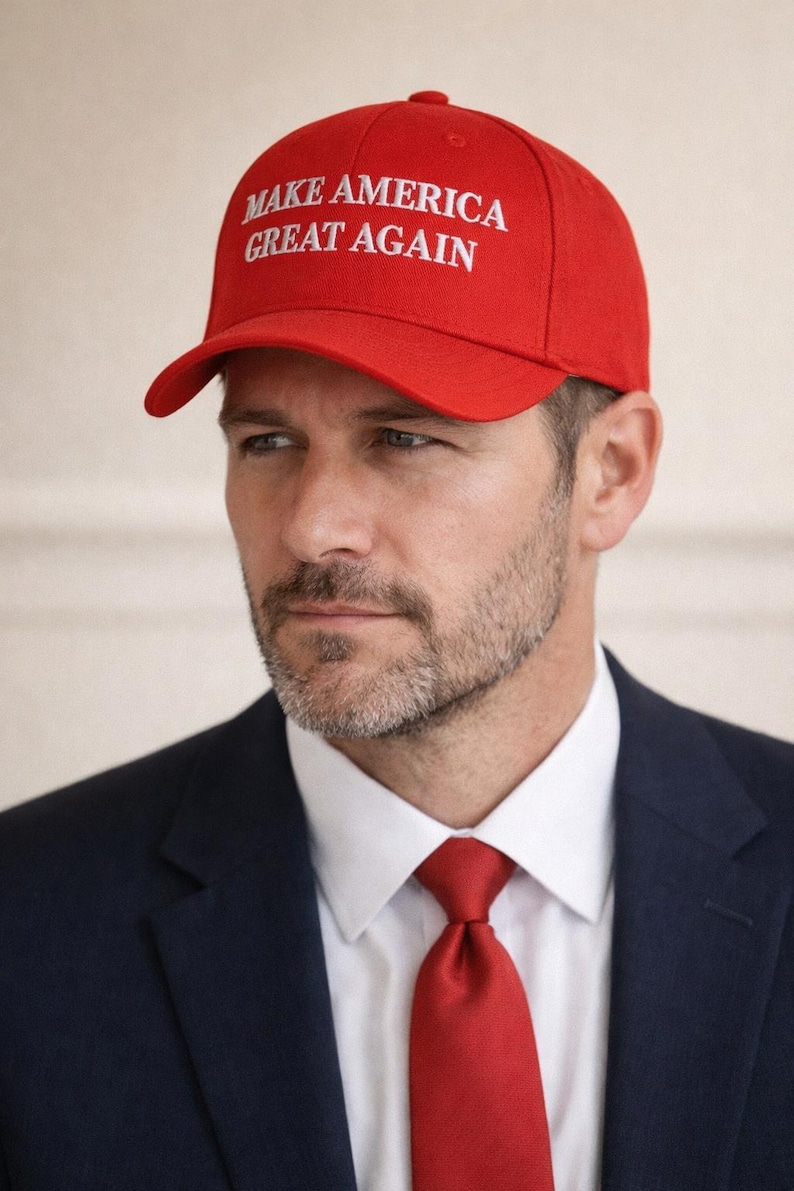 May include: Red baseball cap with the text "MAKE AMERICA GREAT AGAIN" in white. The cap is worn with a navy blue suit, a white collared shirt, and a red tie. The image is a close-up of the person wearing the cap.