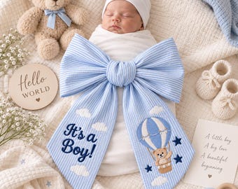 Personalized Baby Bow Sash, Embroidered Newborn Announcement Bow, Seersucker Baby Girl Boy Sash, It’s a Boy It’s a Girl Baby Shower Gift