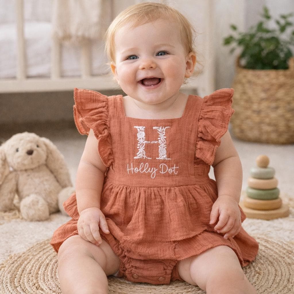20 Baby Dress Designs for Summer That Are Actually Soft Enough to Wear 11 Personalized Name Floral Embroidered Baby Romper, Baby Girl Muslin…