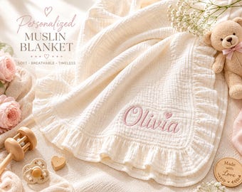 Personalized Baby Blanket with Name, Custom Embroidered Ruffle Muslin Swaddle, Baby Shower Gift, Newborn Essentials, Toddler Bedding