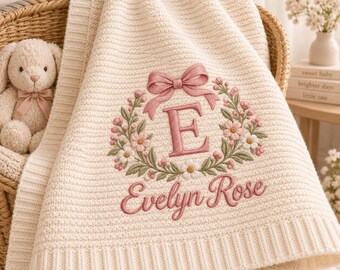 Personalized Baby Blanket with Name, Embroidered Floral Monogram Knit Blanket, Custom Baby Girl Blanket, Newborn Baby Shower Gift