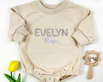 刺繍入りカスタムネームベビーロンパース、パーソナライズバブルロンパーススウェットシャツ、カスタマイズされたベビーボディスーツ、ベビーシャワー、新生児ギフト