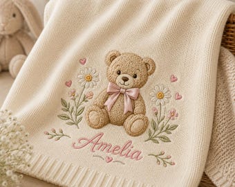 Personalized Baby Blanket with Name, Embroidered Teddy Bear Knit Blanket, Custom Baby Girl Blanket, Newborn Gift, Baby Shower Gift