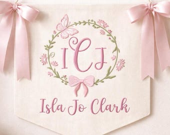 Custom Baby Girl Banner For Hospital Door Sign & Nursery, Embroidered Monogram Baby Announcement Flag, Baby Shower Gift