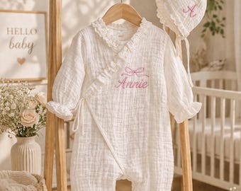 Personalized Muslin Baby Romper with Bonnet, Boho Baby Outfit, Embroidered Baby Name Outfit, Newborn Coming Home Outfit, Baby Shower Gift