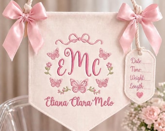 Custom Baby Girl Banner For Hospital Door Sign & Nursery, Embroidered Monogram Baby Announcement Banner, Newborn Gift