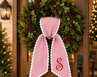 Personalized Christmas Seersucker Wreath Sash, Embroidered Monogram Holiday Door Decor