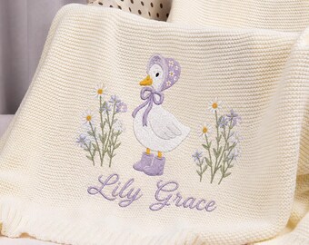 Personalized Embroidered Goose Baby Blanket, Custom Name Knit Blanket for Baby Girl, Newborn Keepsake Gifts