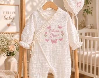 Personalized Baby Girl Muslin Romper & Bonnet Set, Embroidered Butterfly Floral Baby Outfit, Coming Home Outfit, Baby Shower Gift