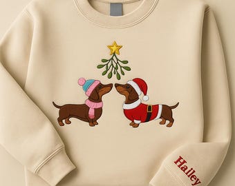 Sweat-shirt brodé teckel de Noël, chemise teckel nouvel an, cadeau mignon pour amoureux des chiens, pull à col rond pour les vacances, chemise maman teckel drôle