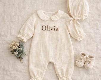 Personalized Muslin Baby Romper with Matching Bonnet Neutral, Custom Embroidery Name Baby Clothes, Newborn Girl Outfit, Baby Shower Gift