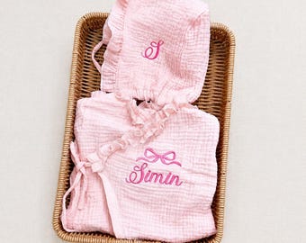 Personalized Baby Muslin Romper with Bonnet, Boho Baby Girl Outfit, Embroidered Baby Name Outfit, Newborn Coming Home, Baby Shower Gift