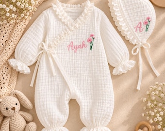 Personalized Baby Girl Muslin Romper & Bonnet Set, Custom Name Embroidered Baby Outfit, Newborn Coming Home Outfit, Baby Shower Gift