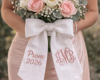 Personalized Prom Bouquet Ribbon, Custom Monogram Linen Bouquet Wrap, Prom 2026 Bouquet Sash, Bridal Bouquet Ribbon
