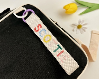 Custom Colorful Name Tag, Bag Tag, Personalized Embroidered Name Tag, Key chain, Webbing Bag Name Tag, Bag Accessory,  Custom Key Ring