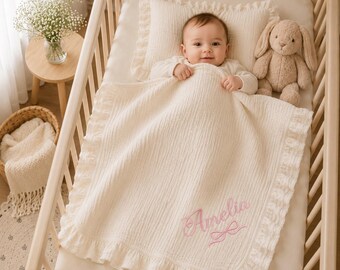Personalized Baby Muslin Cotton Blanket, Custom Embroidered Name Blanket, Baby Shower Gift, Newborn Essentials, Toddler Bedding