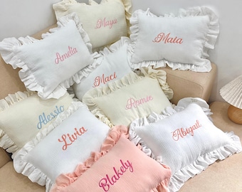 Embroidered Baby Name Muslin Ruffle Pillow, Custom Pillow Kids, Personalized Nursery Cushion, Baby Shower Gift