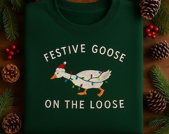 Embroidered Goose Christmas Sweatshirt, Festive Holiday Crewneck