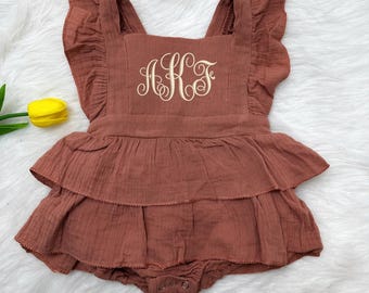 Custom Monogram Baby Girl Muslin Ruffle Romper, Personalized Embroidered Baby Clothes With Name, Toddler Summer Outfit, First Birthday Gift