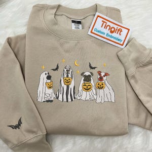 Cute Ghost Dogs Halloween Embroidered Sweatshirt, Spooky Season Pup Shirt, Halloween Gift For Dog Lovers, Halloween Party Shirt For Dog Mom