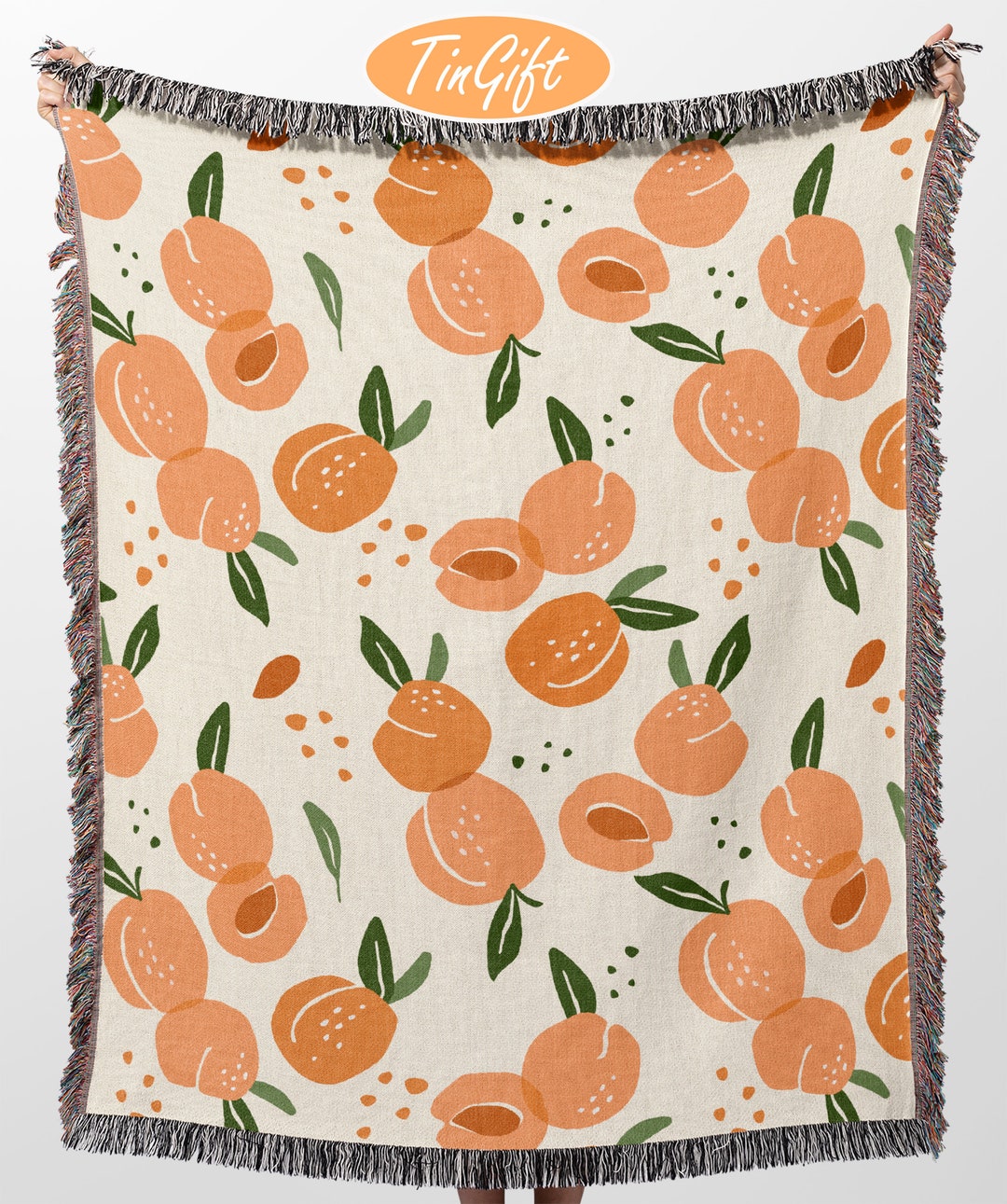 Peach Throw Blanket, Peaches Wall Tapestry, Fruit Woven Cotton Throw