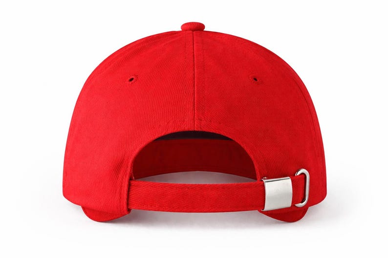 May include: A vibrant red baseball cap, viewed from the back, showcasing a curved brim and adjustable strap. The cap features a metal clasp for size adjustment. The design is simple and classic, suitable for casual wear.