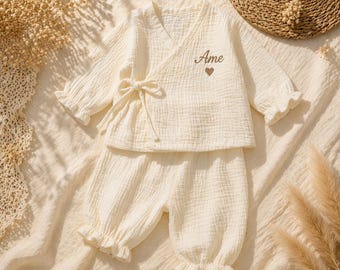 Personalized Muslin Baby Outfit, Boho Baby Set, Embroidered Baby Name Outfit, Newborn Coming Home Outfit, Muslin Wrap Top and Pants Set