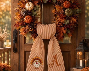 Embroidered Thanksgiving Wreath Sash, Personalized Turkey Seersucker Door Bow, Monogram Fall Wreath Ribbon, Front Door Decor Gifts