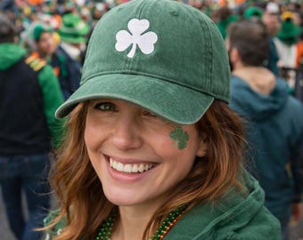Embroidered Shamrock St. Patrick's Day Cap, Pigment Dyed Green Irish Clover Hat, Lucky Charm Gift