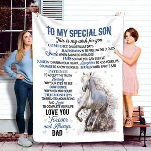 A mi hijo manta de caballo de papá, manta de lana acogedor hijo de cumpleaños, regalo para el hijo en el regalo de Navidad, carta mamá manta de caballo.