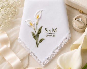Personalized Embroidered Wedding Handkerchief, Custom Initials Linen Hanky with Calla Lily, Keepsake Gift for Bride and Groom