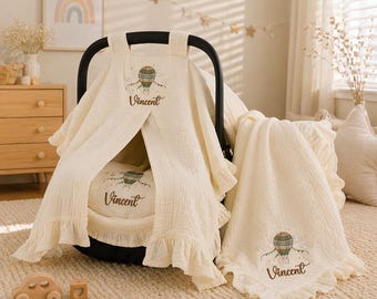 Personalized Baby Car Seat Cover Set, Muslin Blanket and Pillow, Custom Baby Name Gift Set, Neutral Nursery Essentials