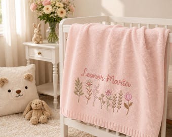 Personalized Floral Baby Blanket, Custom Name Knit Blanket, Embroidered Baby Girl Blanket, Baby Shower Gift