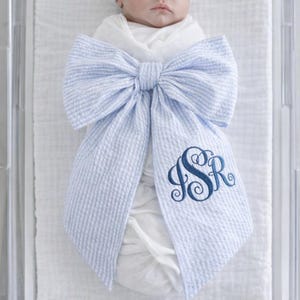 Custom Monogrammed Newborn Bow Sash For Swaddle, Personalized Embroidered Seersucker Bow, Baby Photo Prop, Birth Announcement Gift
