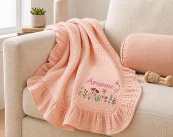 Embroidered Baby Blanket with Butterflies and Wildflowers, Personalized Name Muslin Blanket, Baby Shower Gift, Newborn Essentials