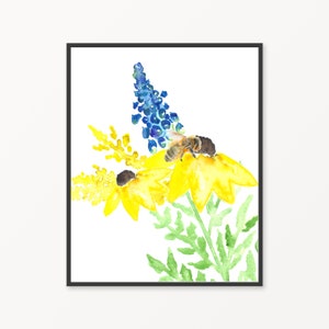 Bumble Bee Watercolor Wall Art/Bee & Flower- Sunflower Print/Bumble Bee/Digital Art/Digital Wall Art/Nature Wall Art/Bee Wall Art