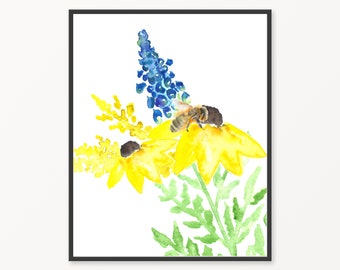 Bumble Bee Watercolor Wall Art/Bee & Flower- Sunflower Print/Bumble Bee/Digital Art/Digital Wall Art/Nature Wall Art/Bee Wall Art