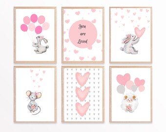 Nursery Art 16x20 | Baby Girl Nursery | Decor for Girls Room | Digital Download | Instant Download | Set of Six Prints | Pink & Gray Nursery