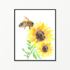 Bumble Bee Watercolor Wall Art/Bee and Sunflower Print/Bumble Bee/Digital Art/Digital Wall Art/Nature Wall Art/Bee Wall Art