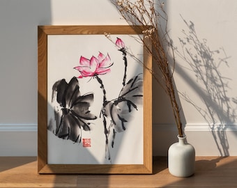 Digital Print | Water Lily | Lotus | Ink wash Painting | Downloadable print | Original painted Art | Sumie-art | Asian Art | Home Decor