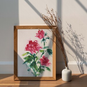 Impresión digital / Archivo descargable / Flor original pintada a mano / Rosas rojas / Impresión de flores de nacimiento de junio / Tarjeta de cumpleaños / Decoración del hogar