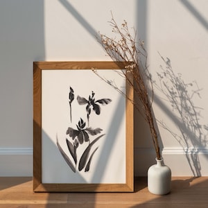 Downloadable file | Original painted Orchid in Sumi-e Ink on Rice paper | Black and White Flower Print | Japanese art