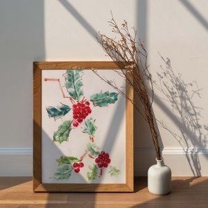 Digitale print | Downloadbaar bestand | Originele handgeschilderde holly | December Geboortebloem | De | van de Bes van de Geboorte van december Verjaardagskaart | Kerstmis