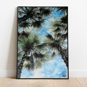 デジタルプリント | オリジナルペイントのカリフォルニアヤシと青空 | 砂漠の扇状ヤシ | 花の木 | 墨絵アート | アジアンアート | ホームデコレーション