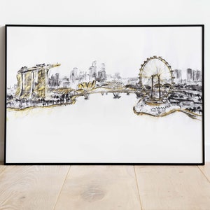 Digital Print | Singapore Skyline | Original hand-painted landscape | Black and Gold | Poster | Postcard | Home decoration