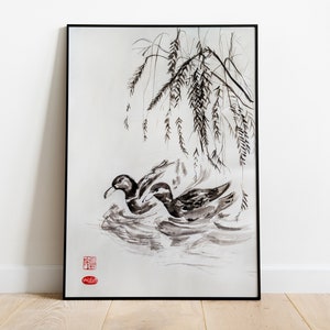 Impresión digital / Patos pintados originales en estanque / Pintura de tinta china / Blanco y negro / Animales / Sumi-e japonés / Arte asiático / Home deco