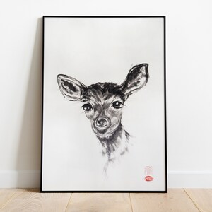 Digitaldruck | Original Gemalt schwarz weiß Rentier | Tintenwaschmalerei | Sumi-e Art | Tiere | Wohndeko | Wandkunst | Postkarte