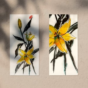 Digitaldruck | Original bemalte Gelbe Lilienblüte | Aquarellmalerei | Sumie-Art | Tintenwaschmalerei | Postkarten | Wohndekoration
